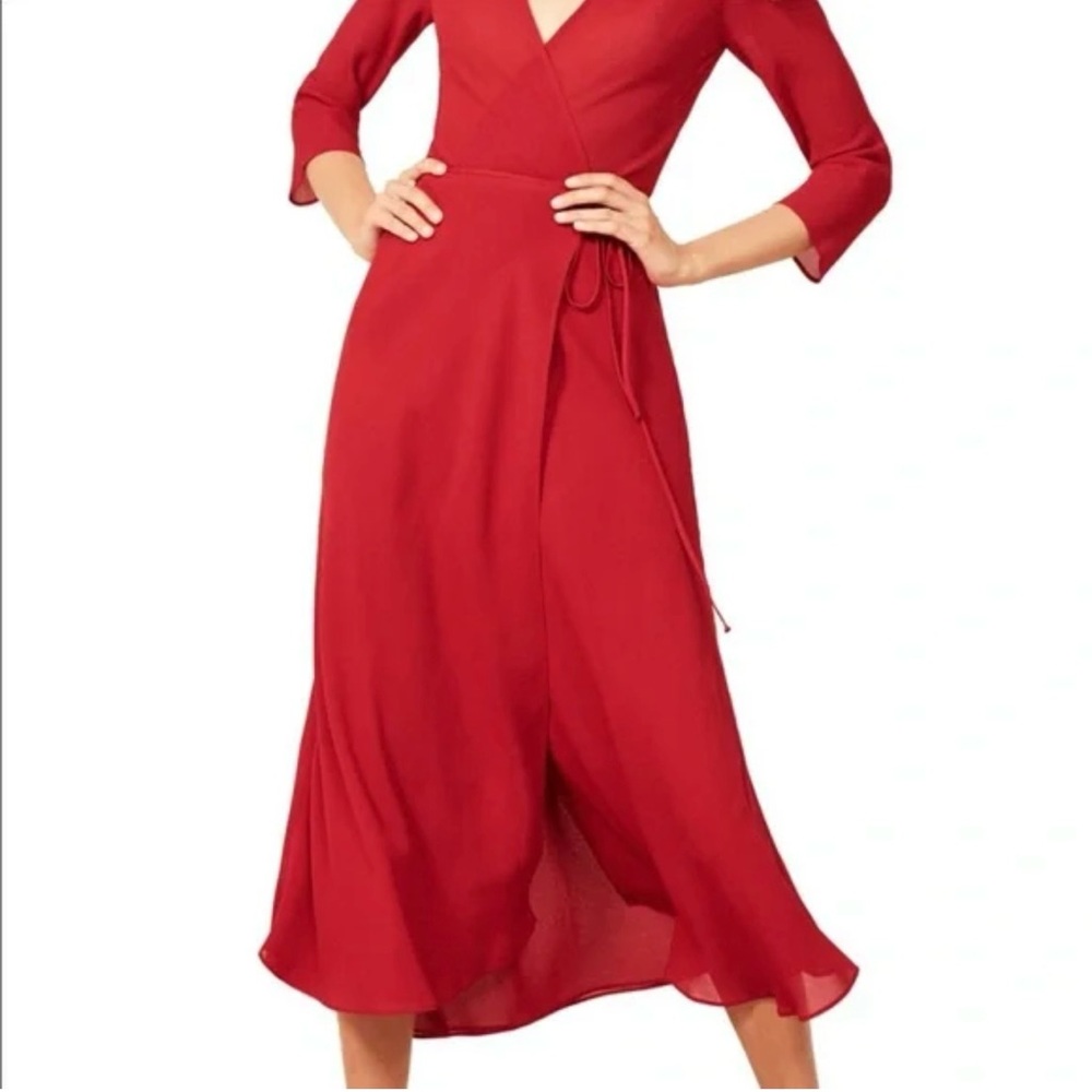 Reformation Red Ruffled Wrap Dress with Tie Front